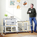 Conigliera a 2 Livelli 147x45x89,5 cm con Rampa e 3 Vassoi  in Legno di Abete e Acciaio Grigio e Bianco  