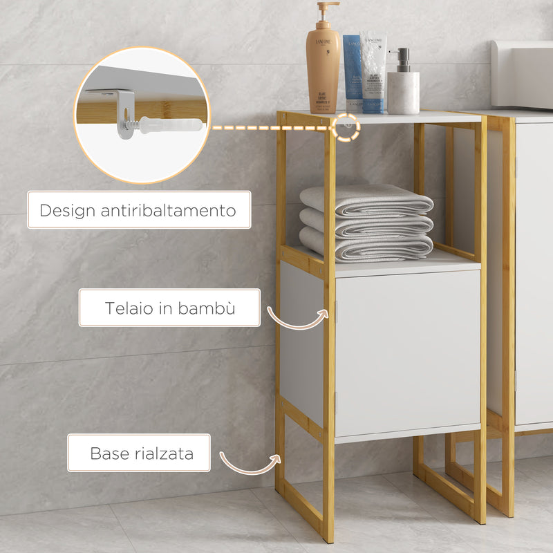 Mobile Bagno con Ripiano Aperto e Anta con Apertura a Pressione 33x33x80 cm in Bambù e MDF Bianco
