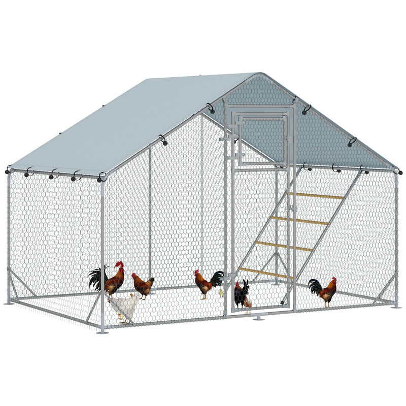 Recinto per Galline da 6 mq 300x200x195 cm per 6-8 Animali con Tetto Impermeabile Mangiatoia e Posatoio Argento  
