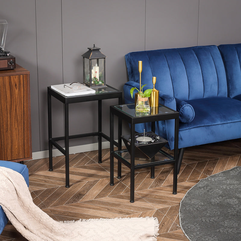 Set 2 Tavolini con Ripiano in Vetro e Struttura in Acciaio Nero