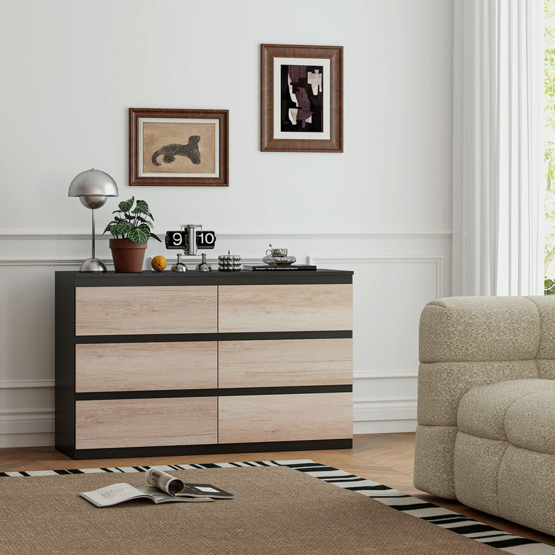 Comò Cassettiera 6 Cassetti 120x39x75 cm con Maniglie a Gola in Legno Nera e color Legno   