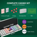 Set Poker per 9-10 Giocatori con 500 Fiches 2 Mazzi di Carte e 5 Dadi con Valigetta in Alluminio e Poliestere Argento