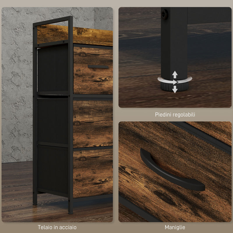 Cassettiera 4 Cassetti Design Industriale 60x29x85 cm in Acciaio Legno e Tessuto Marrone e Nero   