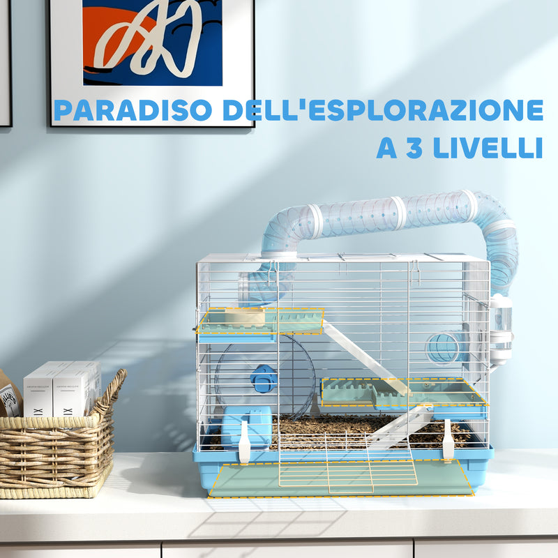 Gabbia per Criceti a 3 Piani 47,5x31,5x29,5H cm con Accessori Azzurro   