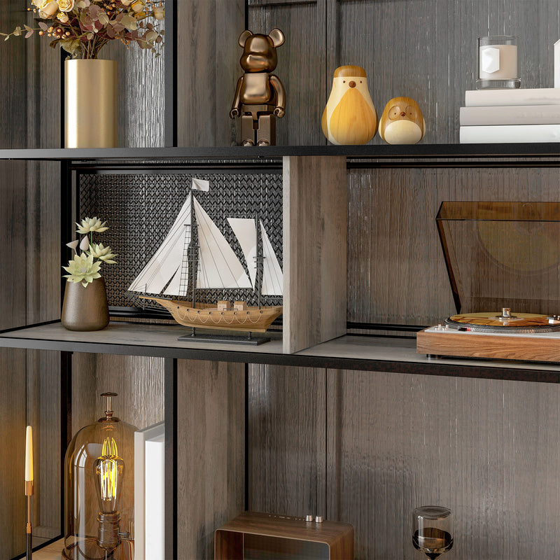 Libreria Design Industriale a 5 Livelli Porta Metallica Scorrevole 120x30x161 cm in Legno e Acciaio Nero e Grigio