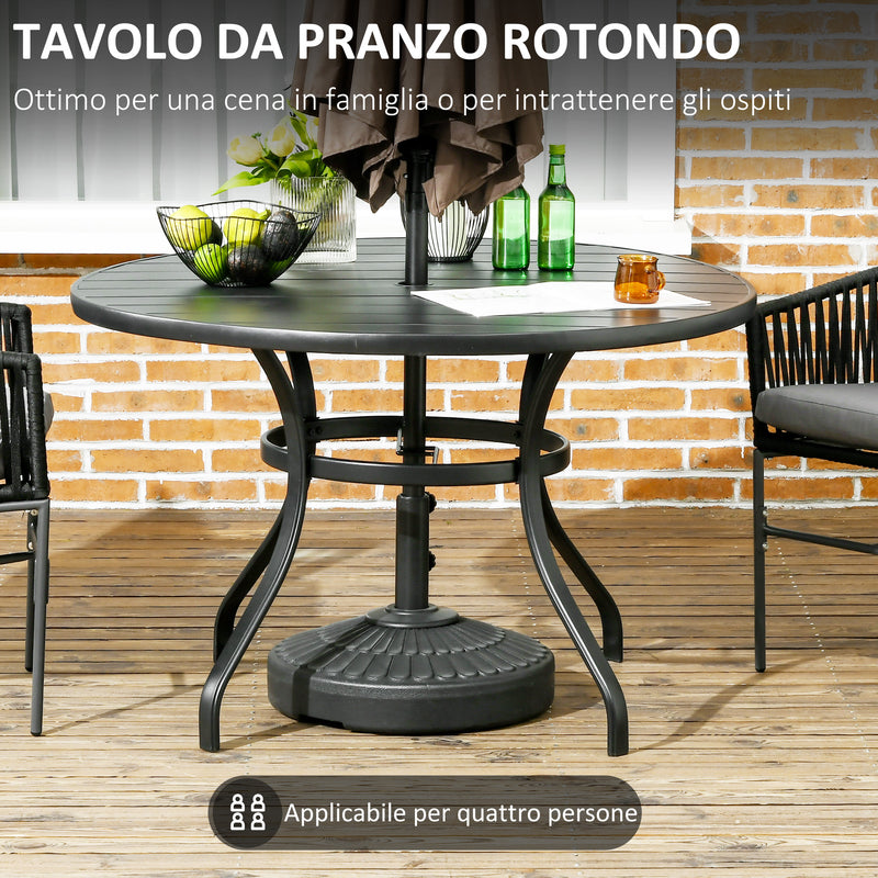Tavolo da Giardino Rotondo per 4 Persone Ø115x72cm con Foro per Ombrellone e Doghe in Metallo Nero-4
