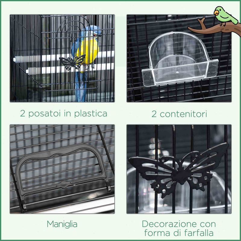 Gabbia per Uccelli 60x41x41 cm con 2 Posatoi e 3 Ingressi in Filo Metallico e Plastica Nero  