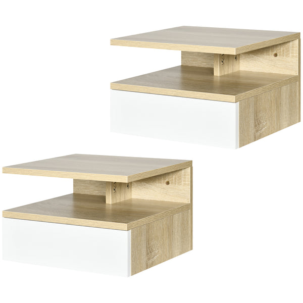 prezzo Set da 2 Comodini Sospesi con Cassetto e Ripiano Superiore 35x32x22,5 cm in Legno Bianco e Rovere
