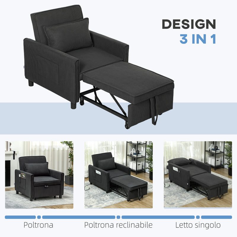 Poltrona Letto Reclinabile 74x84x81 cm in Tessuto Effetto Velluto Grigio Scuro  