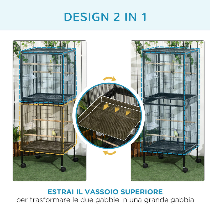 Gabbia Voliera per Uccelli per Interni 51,5x50x140 cm con Ruote e Vassoi Estraibili Nero   