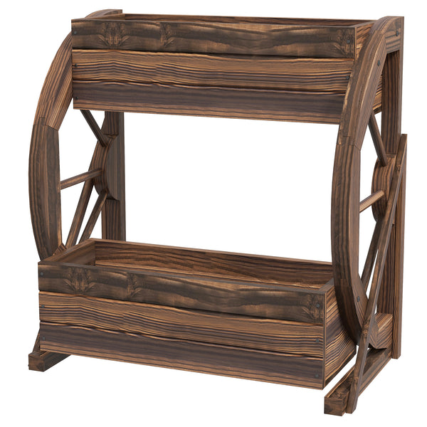 Fioriera da Esterno a 2 Livelli con 3 Vasi e Ruote di Carro Stile Country 55x32x56 cm in Legno Carbonizzato prezzo