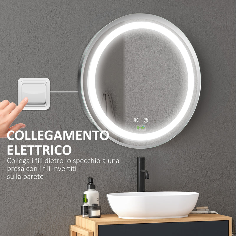 Specchio Bagno Rotondo 50cm Luce LED Regolabile Funzione Anti Appannamento   