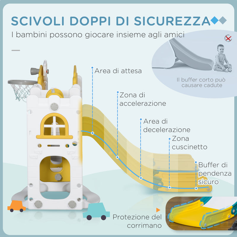 Set Gioco 8 in 1 per Bambini 2 Scivoli Altalena Canestro Tunnel Giallo   