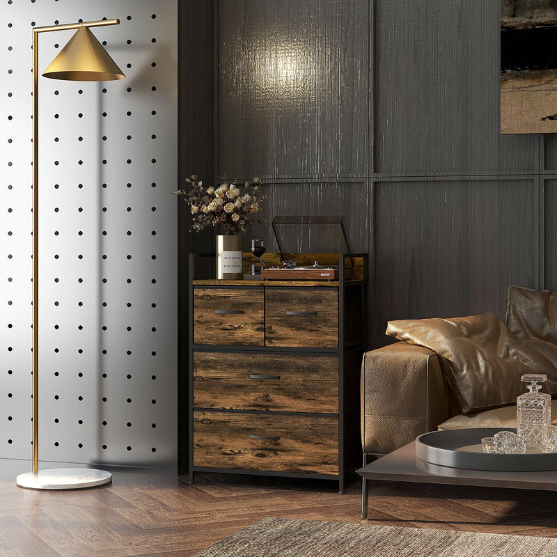 Cassettiera 4 Cassetti Design Industriale 60x29x85 cm in Acciaio Legno e Tessuto Marrone e Nero   