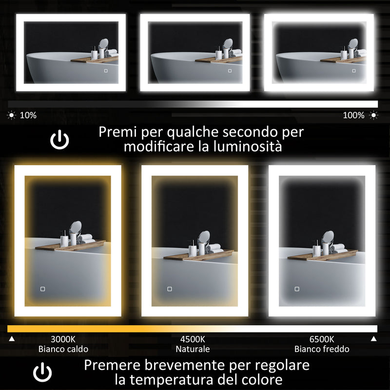 Specchio da Bagno 70x3x50 cm Illuminato a LED 3 Tonalità Cornice in Alluminio Nero  