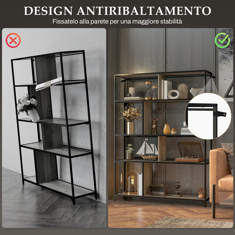 Libreria Design Industriale a 5 Livelli Porta Metallica Scorrevole 120x30x161 cm in Legno e Acciaio Nero e Grigio