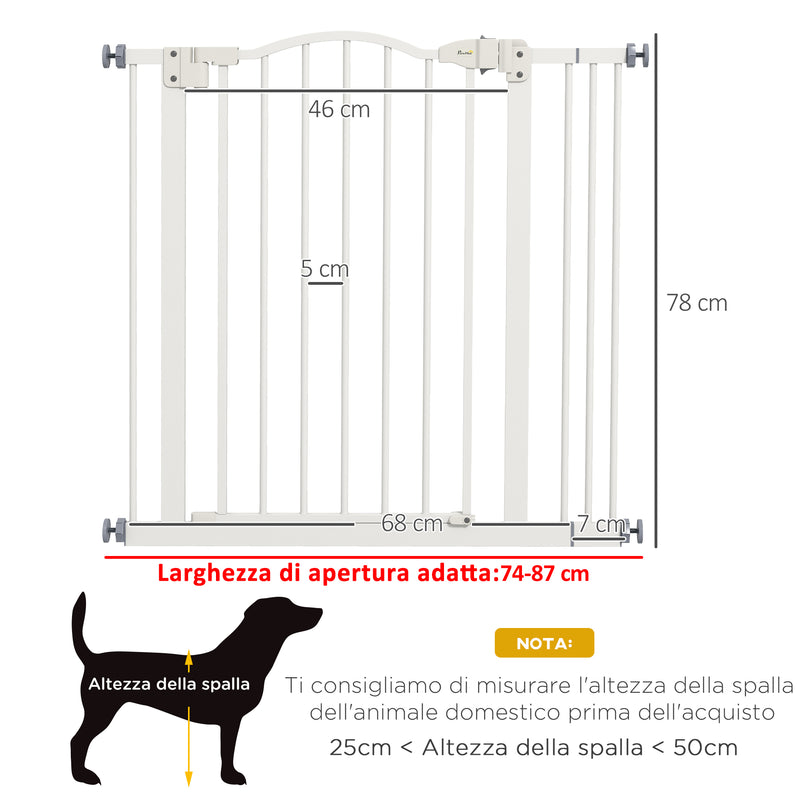 Cancelletto per Cani Estensibile 74-87x78 cm con 2 Blocchi e Chiusura Automatica in Metallo e Plastica Bianco  