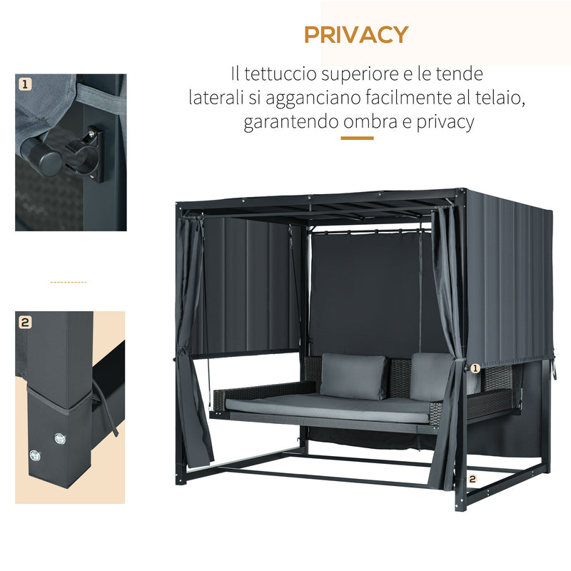 Dondolo Lettino con Pergola da Giardino 235x180x210 cm in Acciaio e Rattan PE Grigio Scuro
