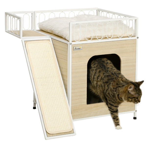 sconto Casetta per Gatti 56x40x54 cm con Tiragraffi e Scaletta Legno e Bianco