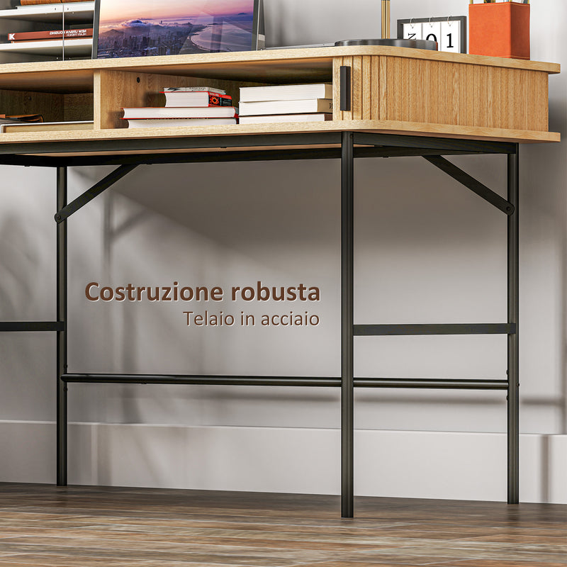 Scrivania con Cassetto ad Ante Scorrevoli 120x60x76,5cm in Legno Canettato Rovere e Nero  