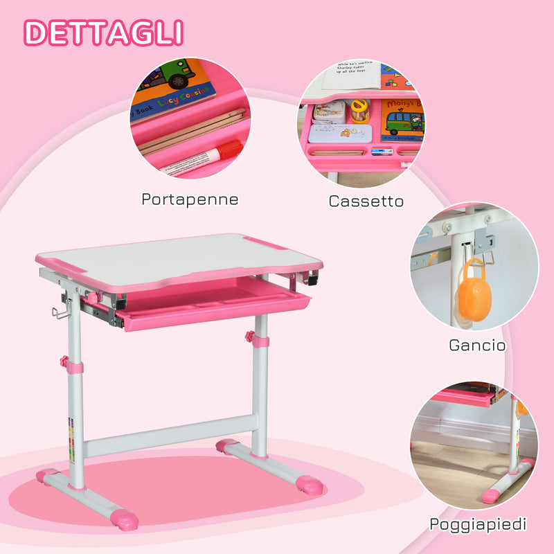 Banco Scuola per Bambini Piano Inclinabile e Sedia Regolabile 66x47x52-77 cm Rosa 