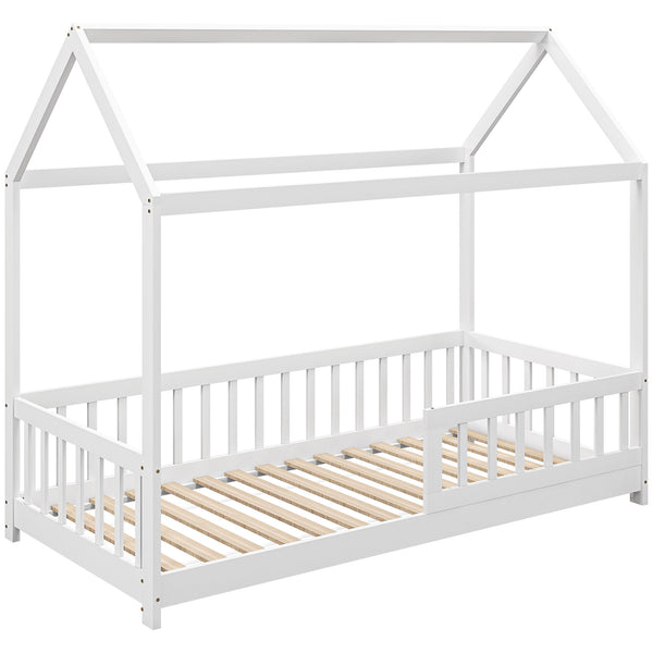 sconto Letto Singolo per Bambini Casetta 96x195x165 cm con Doghe e Recinzione in Legno di Pino Bianco