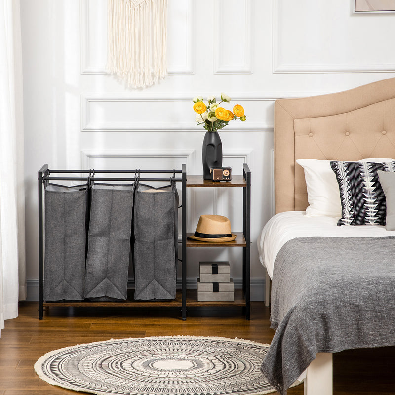 Mobile Portabiancheria 106x40x75 cm con 3 Sacchi in Tessuto e 3 Ripiani Grigio e Marrone