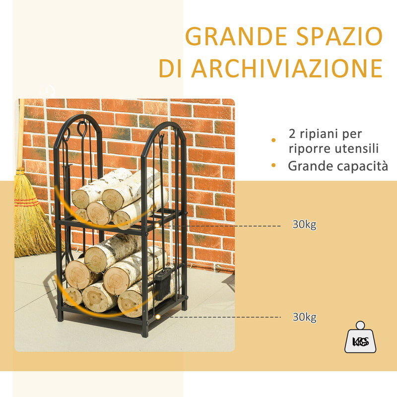 Portalegna per Camino Legnaia a 2 ripiani in Metallo 41,5x32,5x74,5 cm Max 60Kg con attrezzi Nero