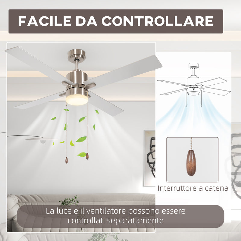 Ventilatore da Soffitto con Luce LED Ø130 cm 3 Velocità e Motore Reversibile Argento e Legno