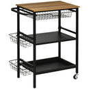 Carrello da Cucina 3 Livelli 75x43,5x91 cm con 2 Ruote e Cesto Estraibile color Legno e Nero