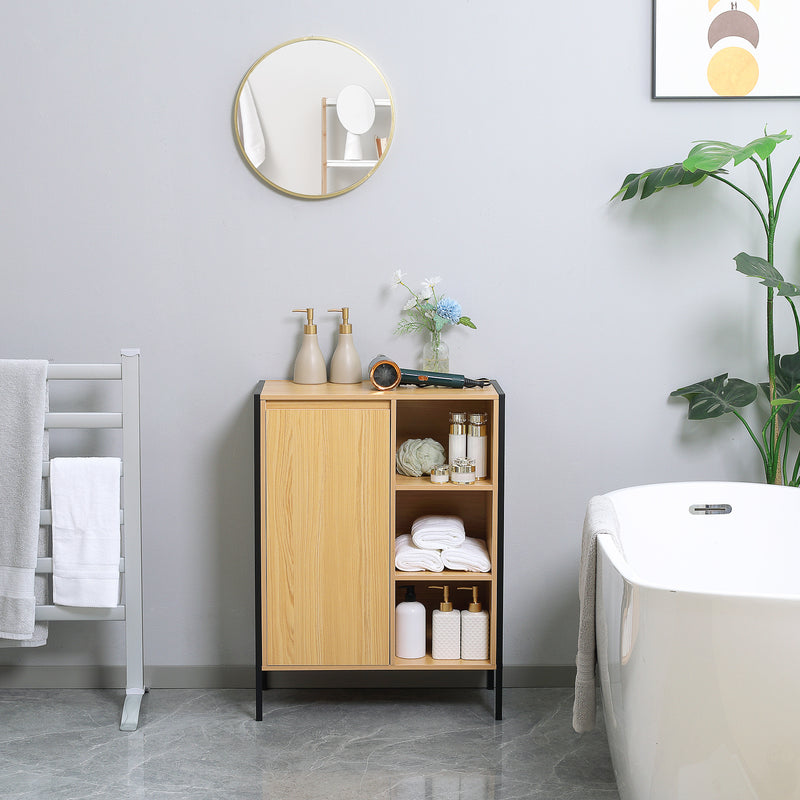 Mobiletto da Bagno 3 Ripiani e Armadietto 60x28x80 cm in Truciolato e Acciaio Legno e Nero