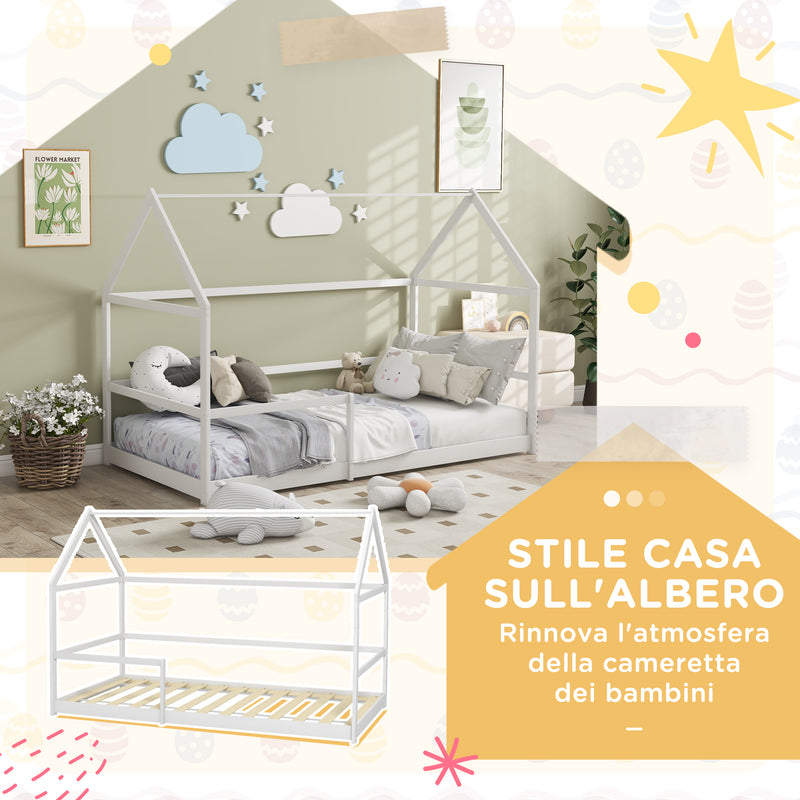 Letto per Bambini con Sponde di Protezione a Forma di Casetta 196x97,5x135 cm Bianco  