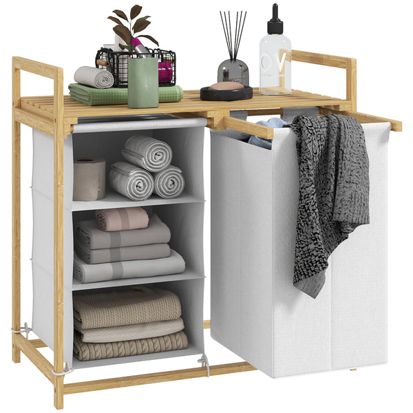 online Cesto Portabiancheria 70x36x70 cm con 2 Borse Estraibili e Ripiano in Bambù Bianco