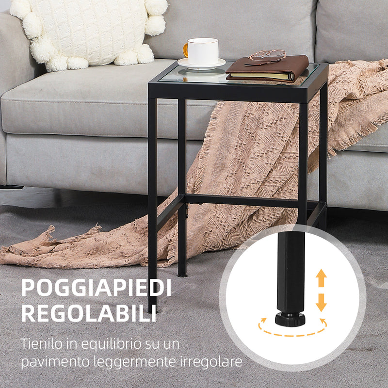 Set 2 Tavolini con Ripiano in Vetro e Struttura in Acciaio Nero