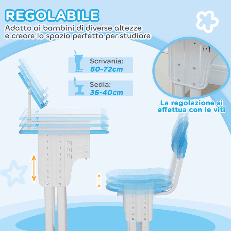 Banco Scuola per Bambini 6-12 Anni ad Altezza Regolabile con Leggio e Mensola Blu    