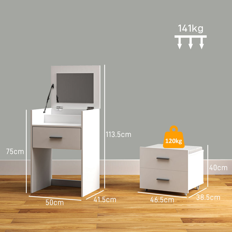 Consolle Trucco 50x40x113,5 cm con Specchio Ribaltabile 2 Cassetti e Sgabello a Scomparsa in Legno Bianco  