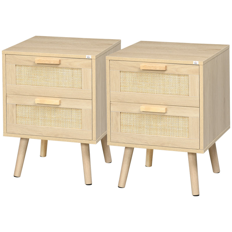 Set 2 Comodini con 2 Cassetti 40x40x56 cm in Legno e Rattan Naturale