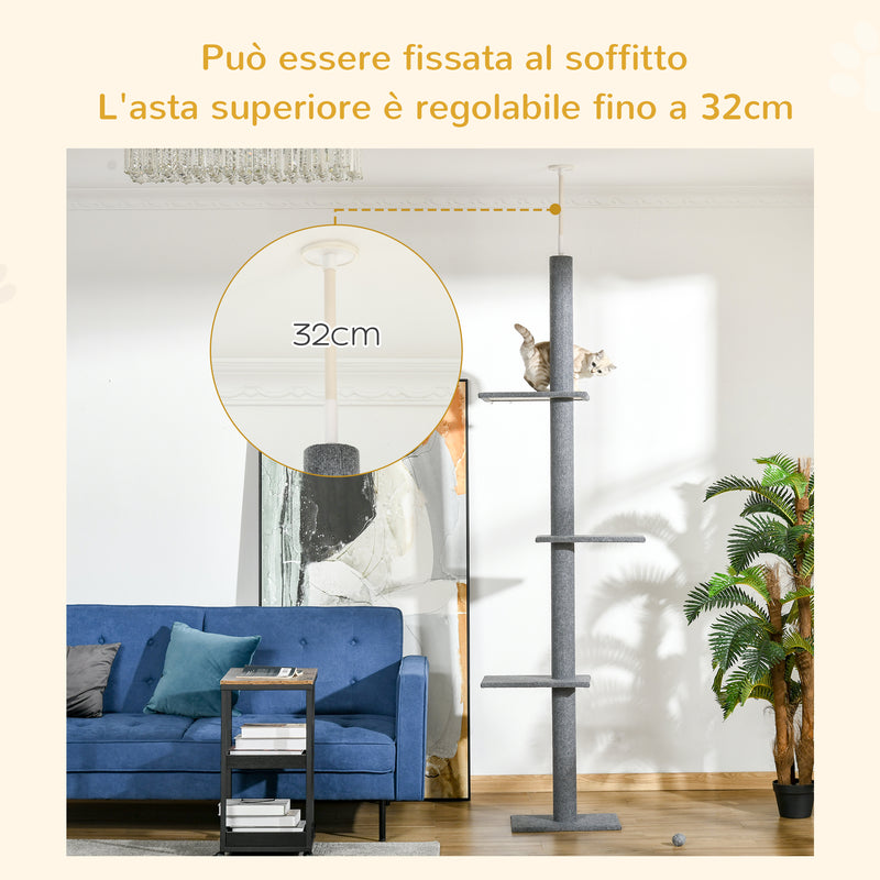 Albero Tiragraffi per Gatti a Soffitto 4 Livelli 43x27x228-260cm Altezza Regolabile Grigio