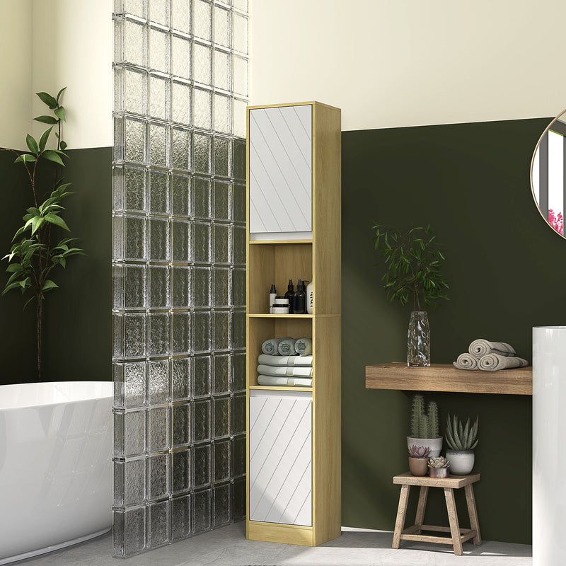 Mobile a Colonna da Bagno Salvaspazio con 2 Armadietti e 2 Ripiani 30x24x170 cm Rovere e Bianco 