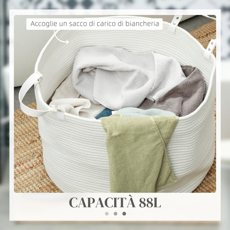 Cesto Portabiancheria Pieghevole con Manici 88L Ø56x35.5 cm in Cotone Naturale Bianco Crema 
