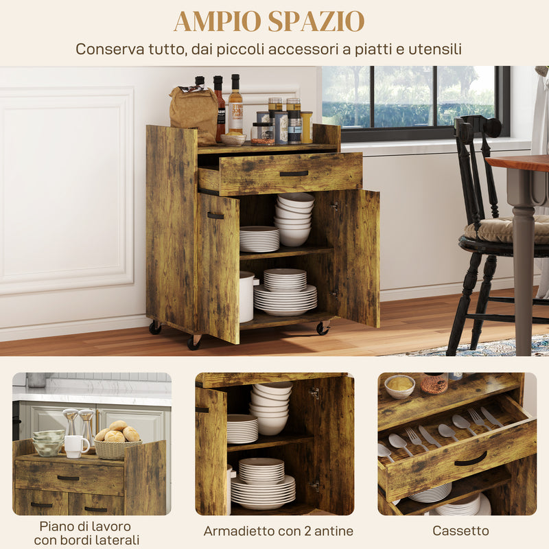 Carrello Isola da Cucina Armadietto con Ruote 60x40x77cm Marrone Rustico   