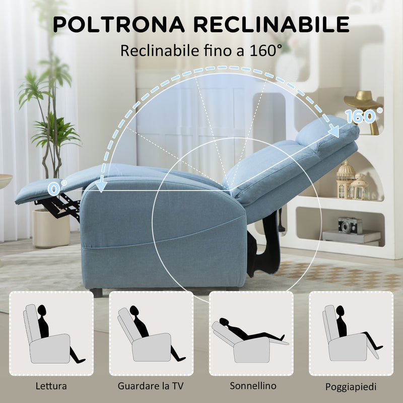 Poltrona Relax Reclinabile 165° 69x85x100 cm in Tessuto Effetto Lino Azzurro 