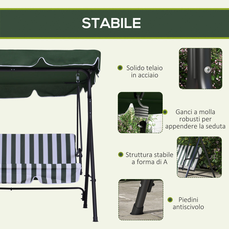 Dondolo da Giardino a 3 Posti 172x110x153 cm con Tettuccio Inclinabile e Cuscini Verde   