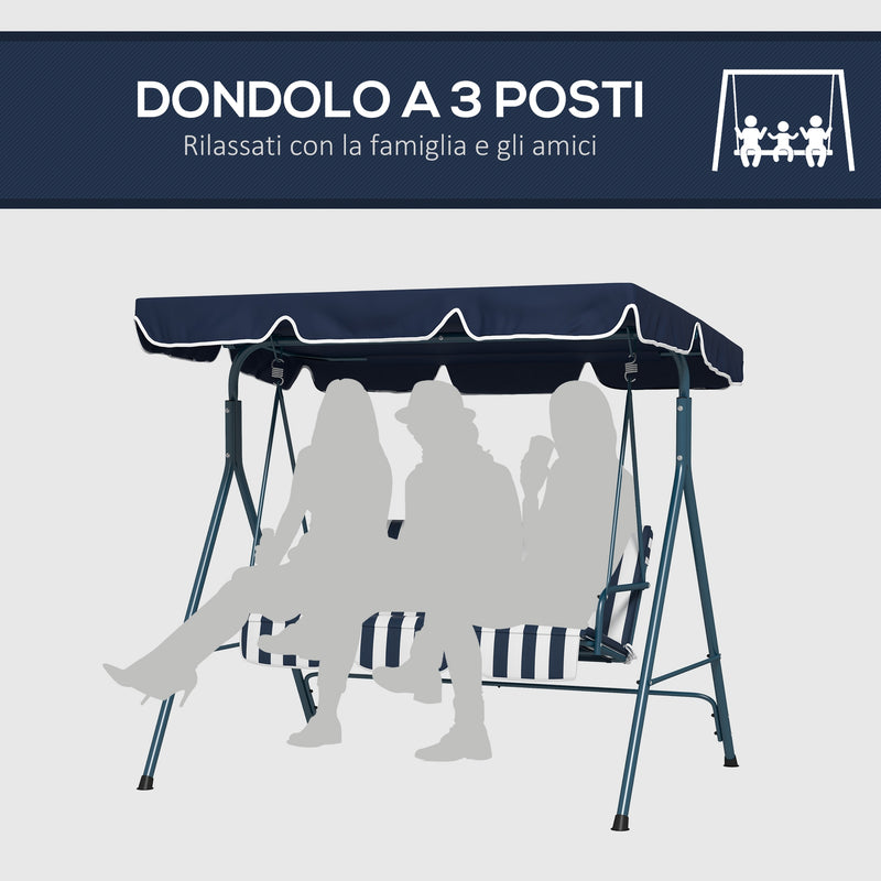 Dondolo da Giardino 3 Posti 172x110x153 cm con Tetto Parasole in Acciaio e Poliestere Bianco e Blu  