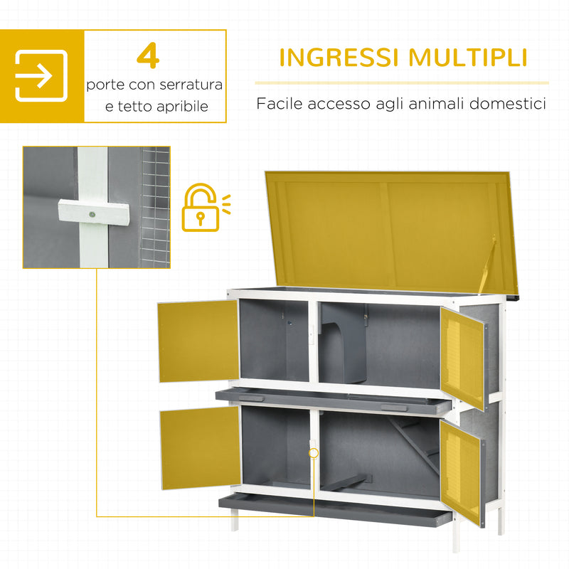 Conigliera per Interno e Esterno a 2 Piani  100x47x91 cm con Tetto in Bitume in Legno di Abete Grigia
