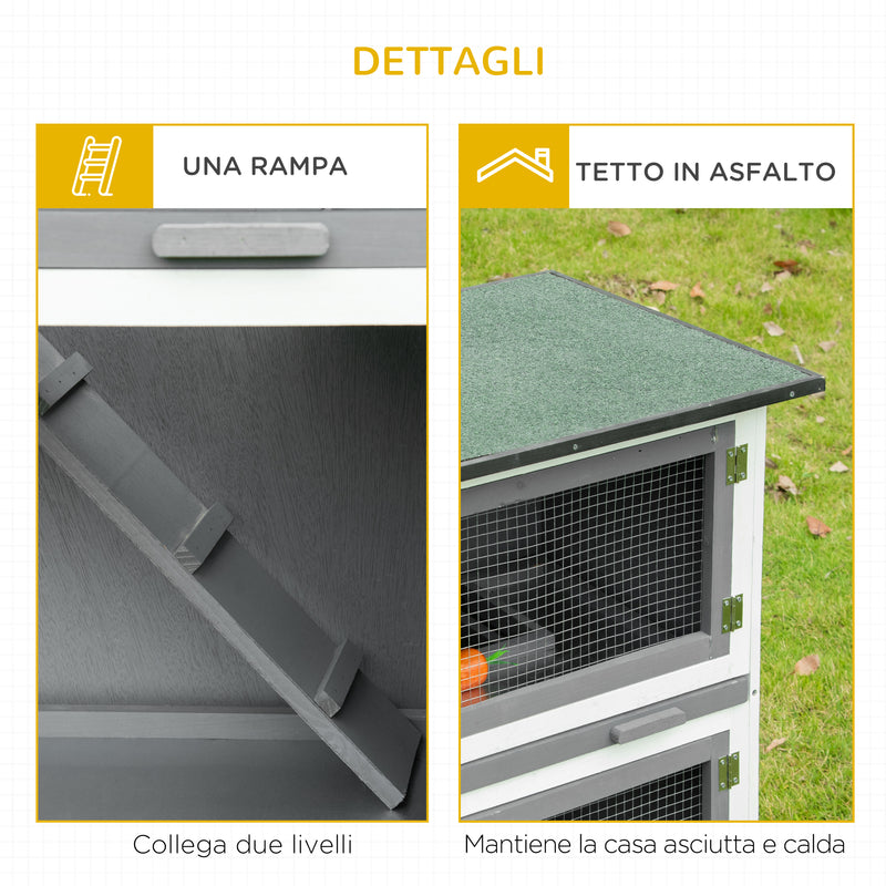 Conigliera per Interno e Esterno a 2 Piani  100x47x91 cm con Tetto in Bitume in Legno di Abete Grigia