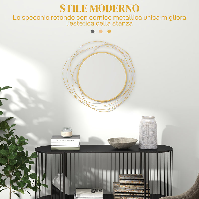 Specchio Moderno e Rotondo Decorativo a Muro con Ganci Ø65x1 cm in Vetro e Metallo Oro