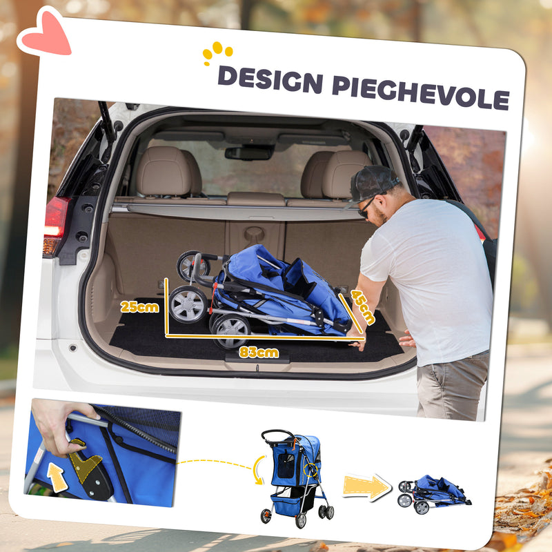 Passeggino per Cani Taglia Piccola Pieghevole con Copertura Antipioggia e Freni Blu    