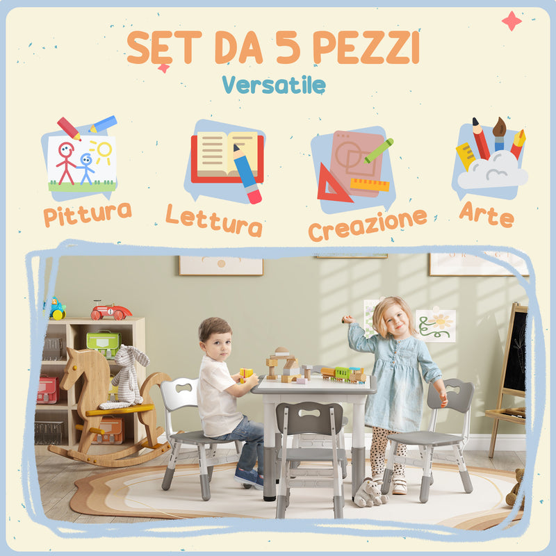 Set Tavolo con 4 Sedie per Bambini Altezza Regolabile Grigio  