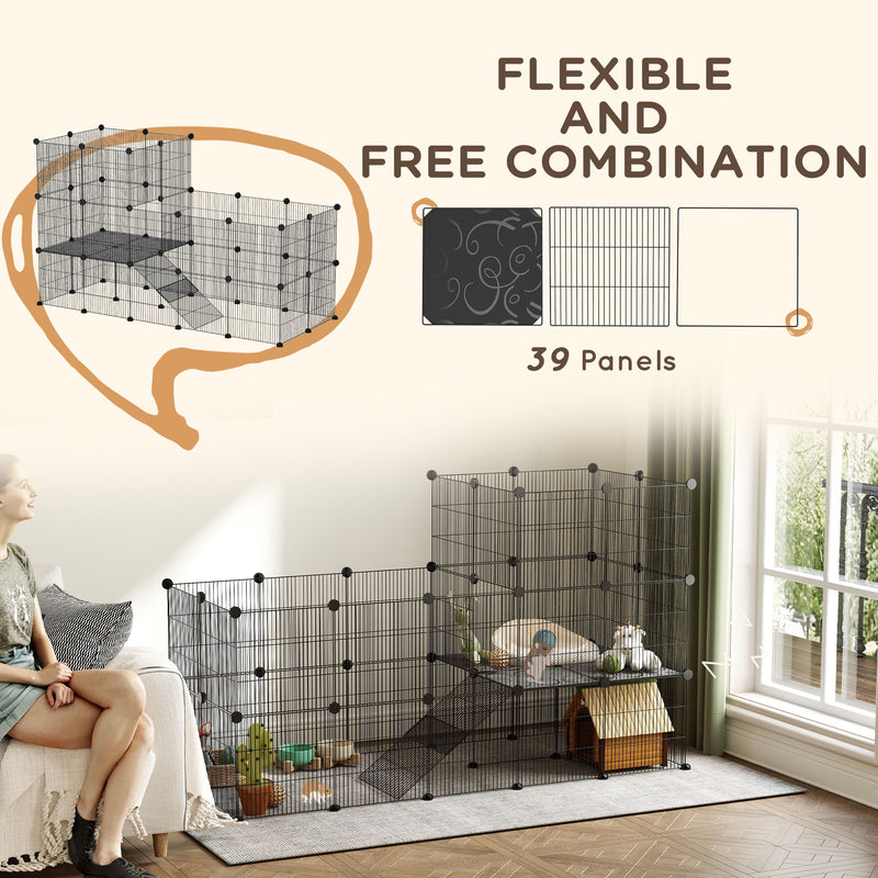 Recinto per Animali Modulabile e Multilivello 140x70x105 cm con 39 Pannelli in Acciaio e PP Nero   